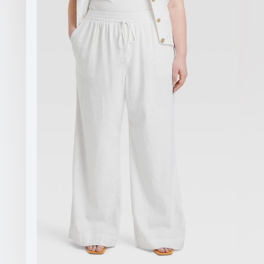 a new day wide leg white linen blend elastic Waist Pants PLEASE READ - Picture 3 of 7